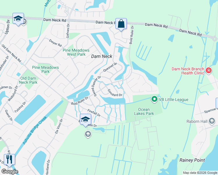 map of restaurants, bars, coffee shops, grocery stores, and more near 754 Goodard Drive in Virginia Beach