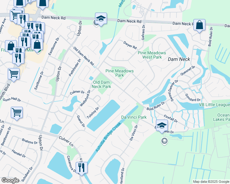 map of restaurants, bars, coffee shops, grocery stores, and more near 1721 Box Elder Arch in Virginia Beach