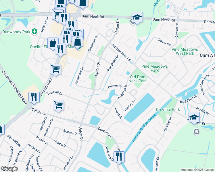 map of restaurants, bars, coffee shops, grocery stores, and more near 1057 Culmer Drive in Virginia Beach