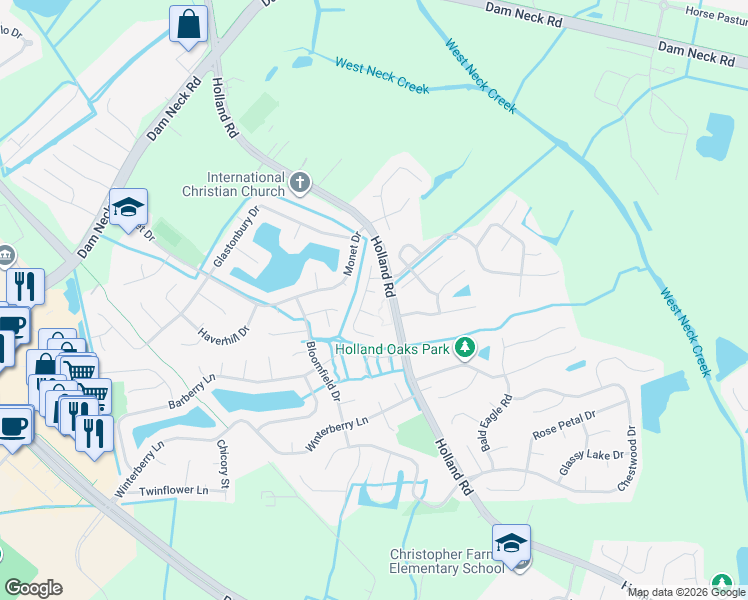 map of restaurants, bars, coffee shops, grocery stores, and more near 3009 Hound Court in Virginia Beach