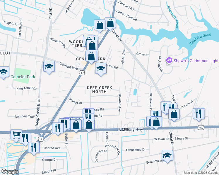map of restaurants, bars, coffee shops, grocery stores, and more near 2412 Youngman Road in Chesapeake