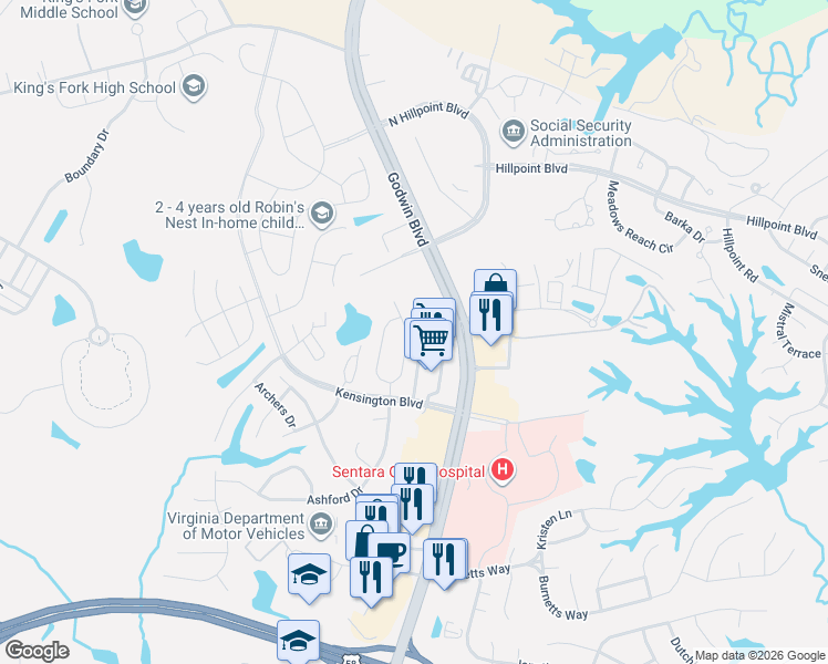 map of restaurants, bars, coffee shops, grocery stores, and more near 141 Wexford Drive in Suffolk
