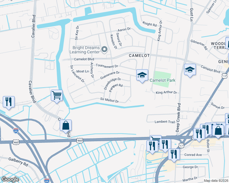 map of restaurants, bars, coffee shops, grocery stores, and more near 804 Jousting Court in Chesapeake