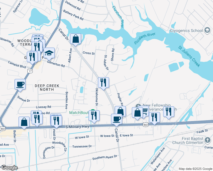 map of restaurants, bars, coffee shops, grocery stores, and more near 2080 Maywood Street in Chesapeake
