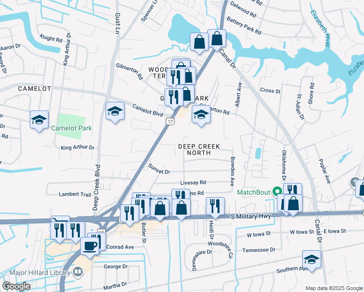 map of restaurants, bars, coffee shops, grocery stores, and more near 1018 Baugher Ave in Chesapeake