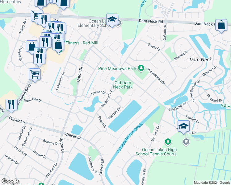 map of restaurants, bars, coffee shops, grocery stores, and more near 1732 Rexton Street in Virginia Beach