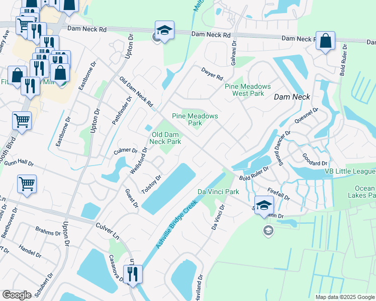 map of restaurants, bars, coffee shops, grocery stores, and more near 1721 Box Elder Arch in Virginia Beach