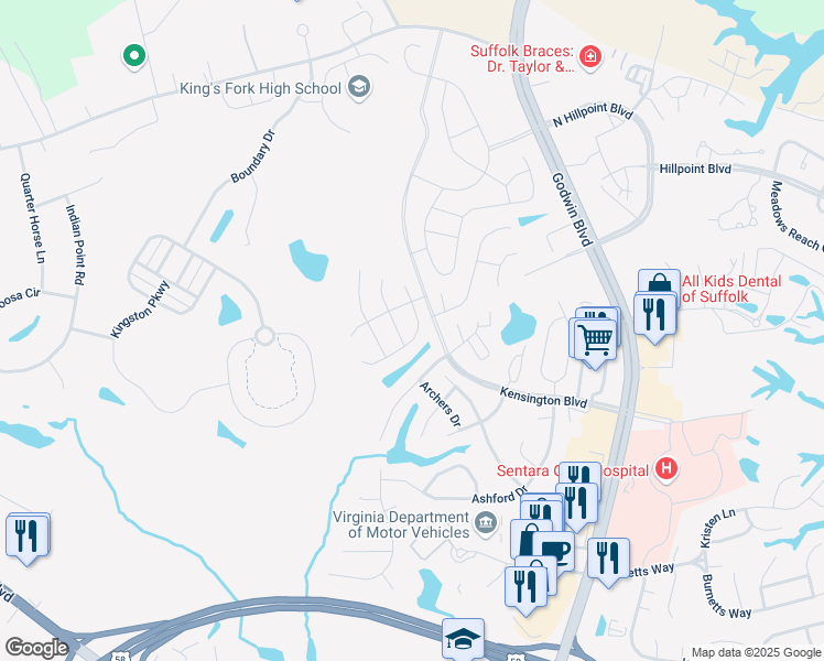 map of restaurants, bars, coffee shops, grocery stores, and more near 119 Dana Drive in Suffolk