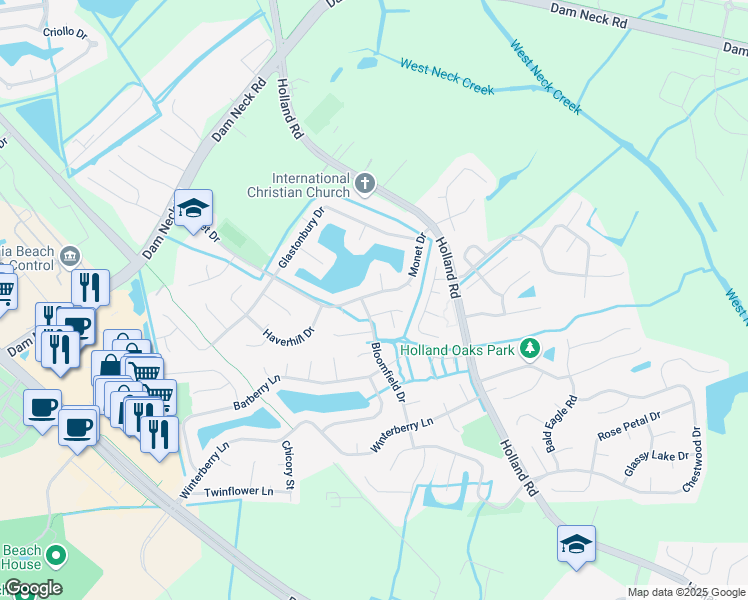 map of restaurants, bars, coffee shops, grocery stores, and more near 3073 Monet Drive in Virginia Beach