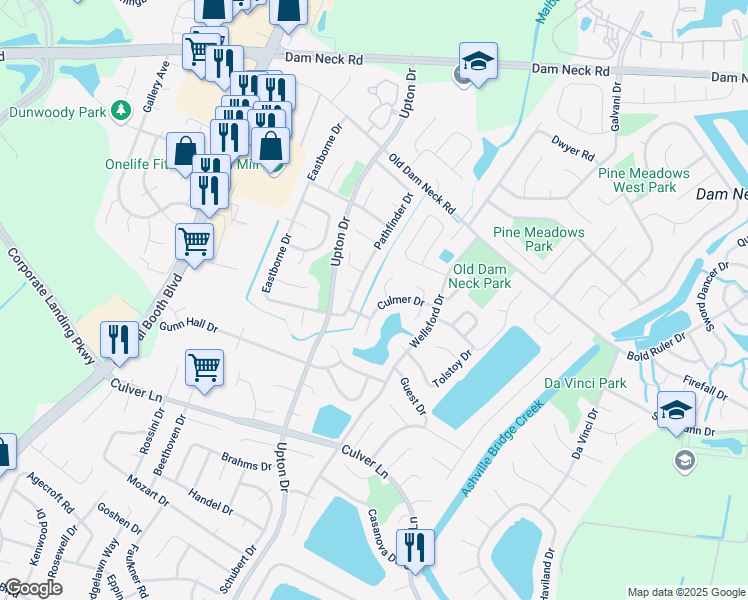 map of restaurants, bars, coffee shops, grocery stores, and more near 1057 Culmer Drive in Virginia Beach