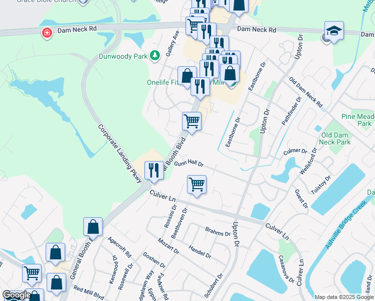 map of restaurants, bars, coffee shops, grocery stores, and more near 1212 Topgallant Court in Virginia Beach