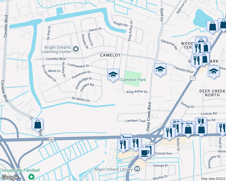map of restaurants, bars, coffee shops, grocery stores, and more near 2901 Guenevere Drive in Chesapeake
