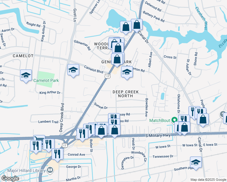 map of restaurants, bars, coffee shops, grocery stores, and more near 1018 Baugher Ave in Chesapeake