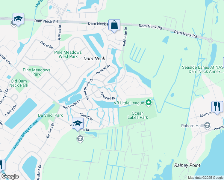 map of restaurants, bars, coffee shops, grocery stores, and more near 710 Goodard Drive in Virginia Beach