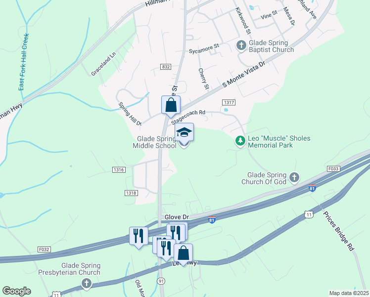 map of restaurants, bars, coffee shops, grocery stores, and more near 33474 Stagecoach Road in Glade Spring