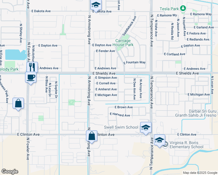 map of restaurants, bars, coffee shops, grocery stores, and more near 6674 East Michigan Avenue in Fresno