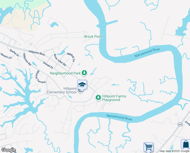 map of restaurants, bars, coffee shops, grocery stores, and more near 111 Bowman Drive in Suffolk