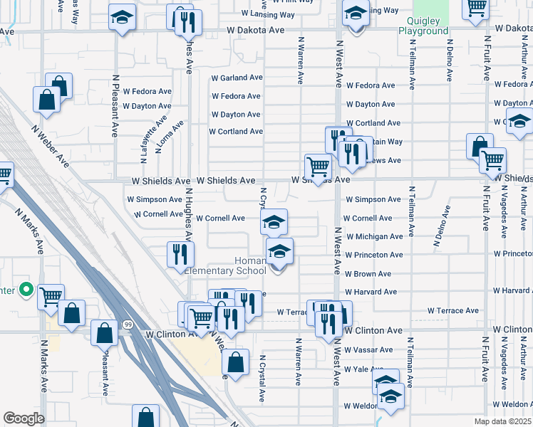 map of restaurants, bars, coffee shops, grocery stores, and more near 1646 West Cornell Avenue in Fresno