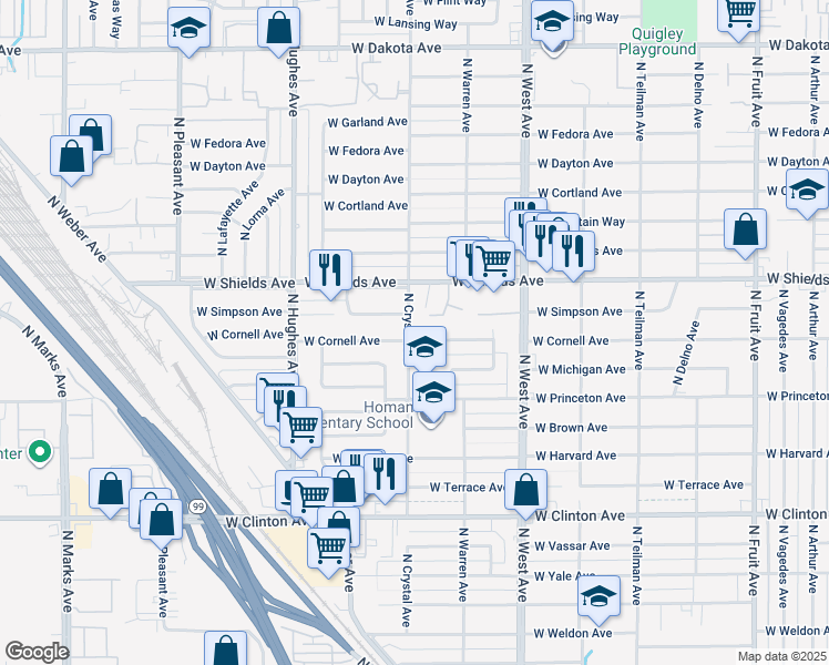 map of restaurants, bars, coffee shops, grocery stores, and more near 1646 West Cornell Avenue in Fresno