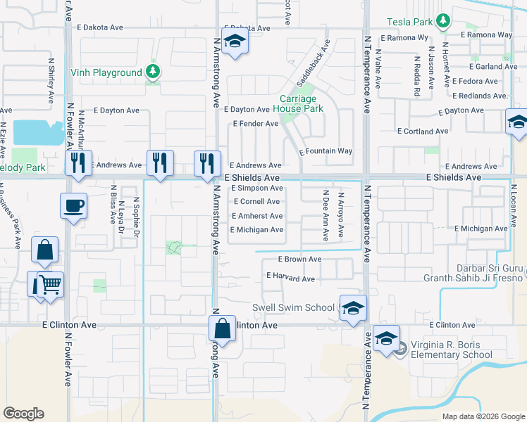 map of restaurants, bars, coffee shops, grocery stores, and more near 6674 East Michigan Avenue in Fresno