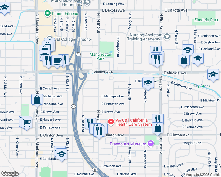 map of restaurants, bars, coffee shops, grocery stores, and more near 2645 East Michigan Avenue in Fresno