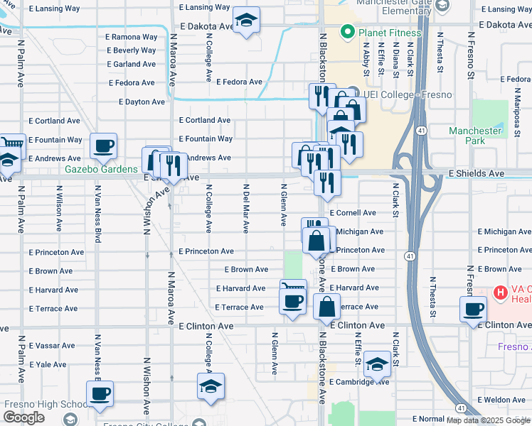 map of restaurants, bars, coffee shops, grocery stores, and more near 1323 East Michigan Avenue in Fresno