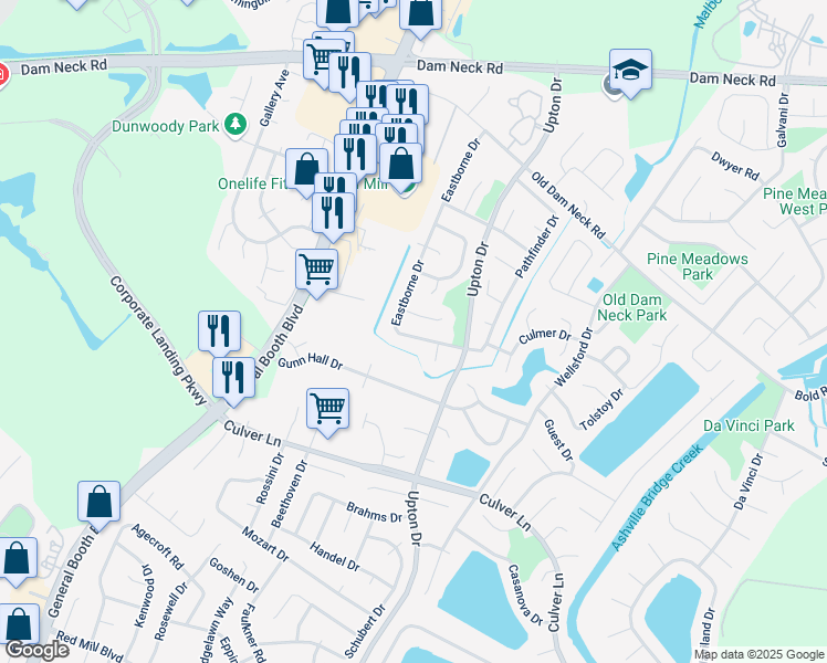 map of restaurants, bars, coffee shops, grocery stores, and more near 1875 Eastborne Drive in Virginia Beach