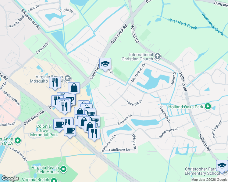 map of restaurants, bars, coffee shops, grocery stores, and more near 3104 Montour Court in Virginia Beach