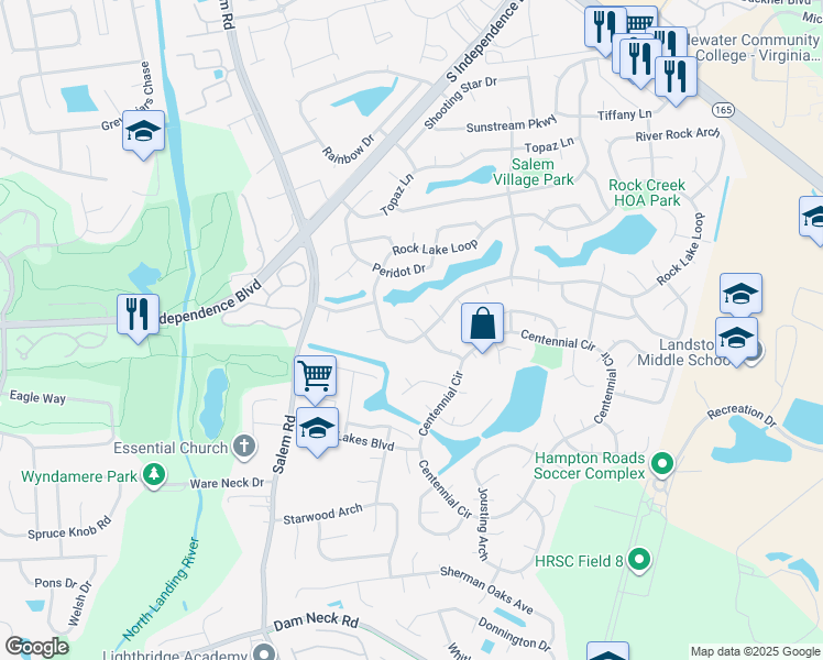 map of restaurants, bars, coffee shops, grocery stores, and more near 2409 Rock Lake Loop in Virginia Beach