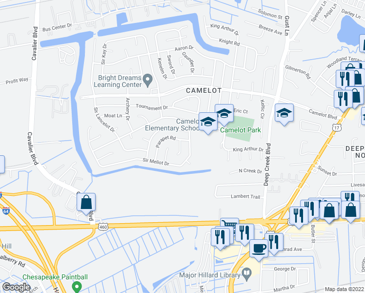 map of restaurants, bars, coffee shops, grocery stores, and more near 2921 Parapet Court in Chesapeake