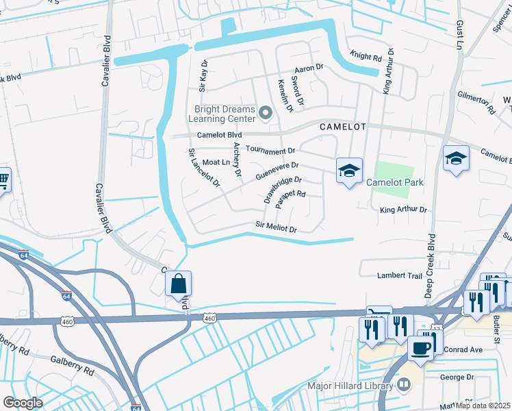 map of restaurants, bars, coffee shops, grocery stores, and more near 3200 Sir Meliot Drive in Chesapeake