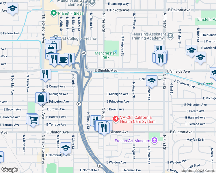 map of restaurants, bars, coffee shops, grocery stores, and more near 2525 East Michigan Avenue in Fresno