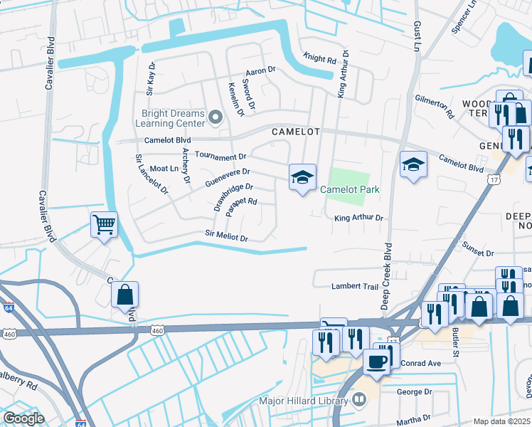 map of restaurants, bars, coffee shops, grocery stores, and more near 2921 Parapet Court in Chesapeake