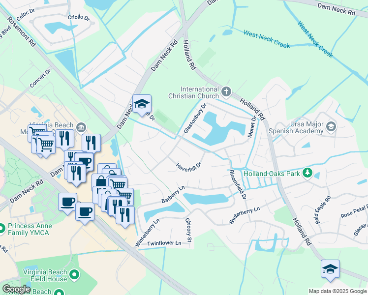 map of restaurants, bars, coffee shops, grocery stores, and more near 1845 Elkins Circle in Virginia Beach
