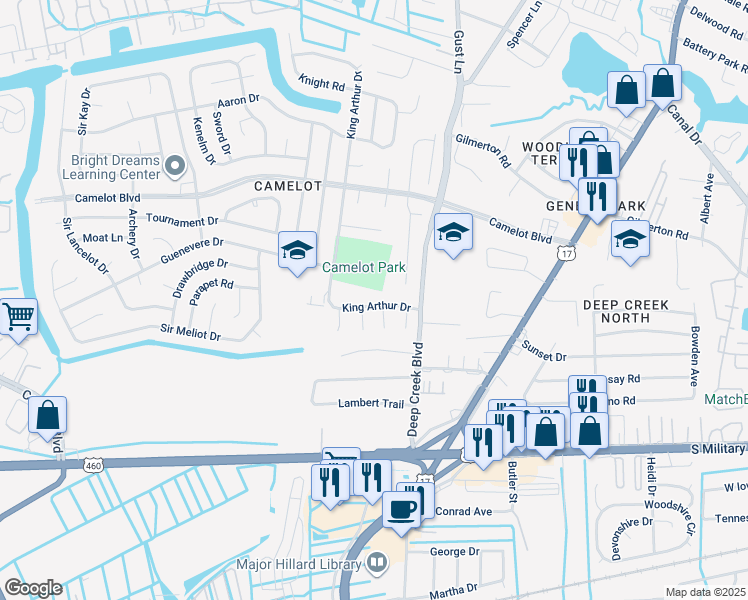 map of restaurants, bars, coffee shops, grocery stores, and more near 925 King Arthur Drive in Chesapeake