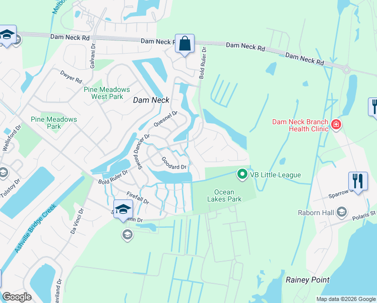 map of restaurants, bars, coffee shops, grocery stores, and more near 1704 Unicorn Drive in Virginia Beach