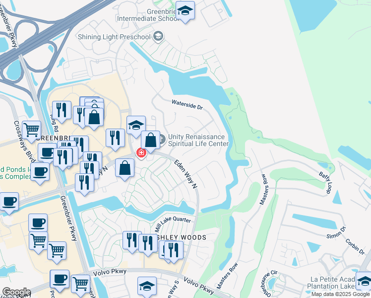 map of restaurants, bars, coffee shops, grocery stores, and more near 1413 Bayberry Court South in Chesapeake