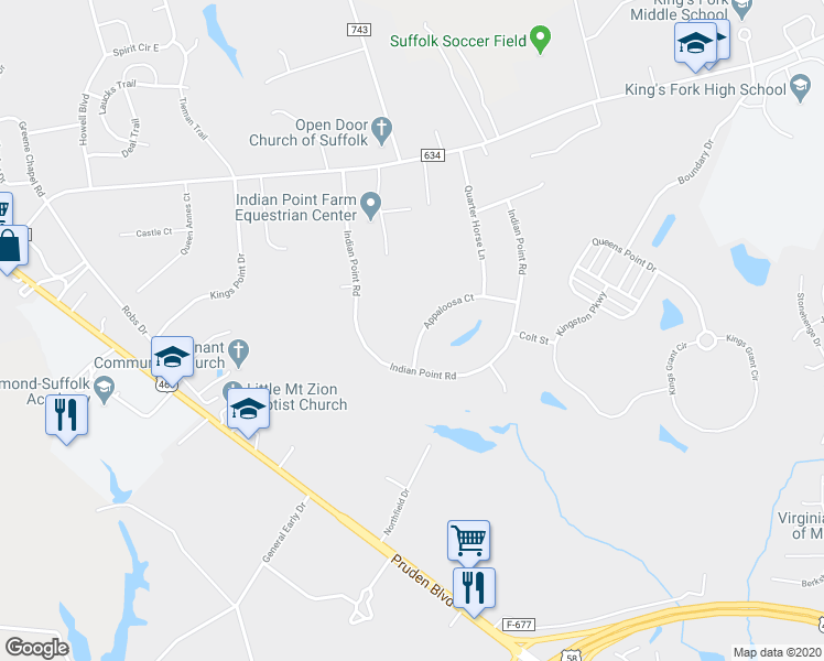 map of restaurants, bars, coffee shops, grocery stores, and more near 4008 Appaloosa Court in Suffolk