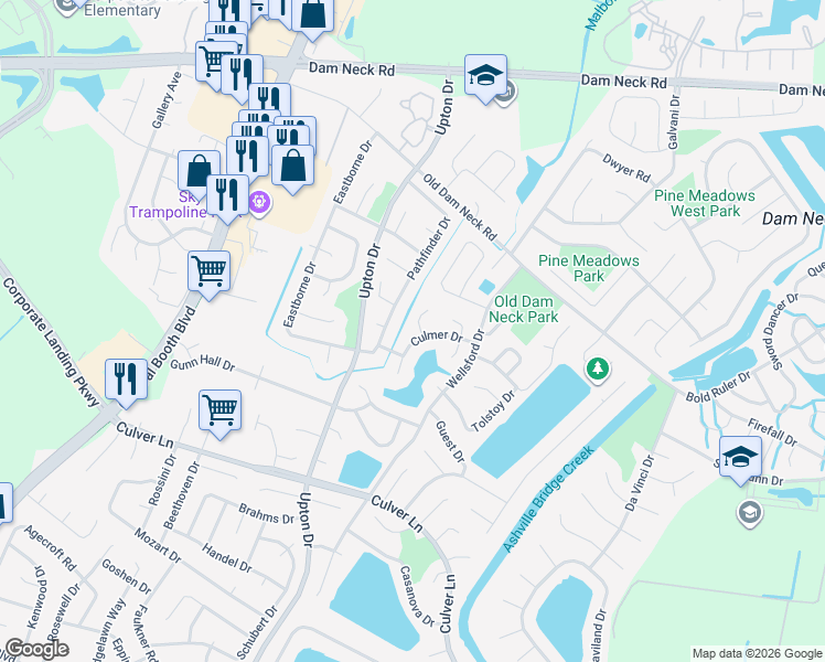 map of restaurants, bars, coffee shops, grocery stores, and more near 1721 Culmer Court in Virginia Beach