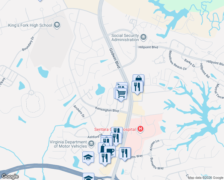 map of restaurants, bars, coffee shops, grocery stores, and more near 188 Wexford Drive East in Suffolk