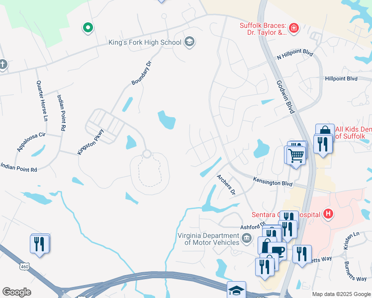 map of restaurants, bars, coffee shops, grocery stores, and more near 114 Jester Circle in Suffolk