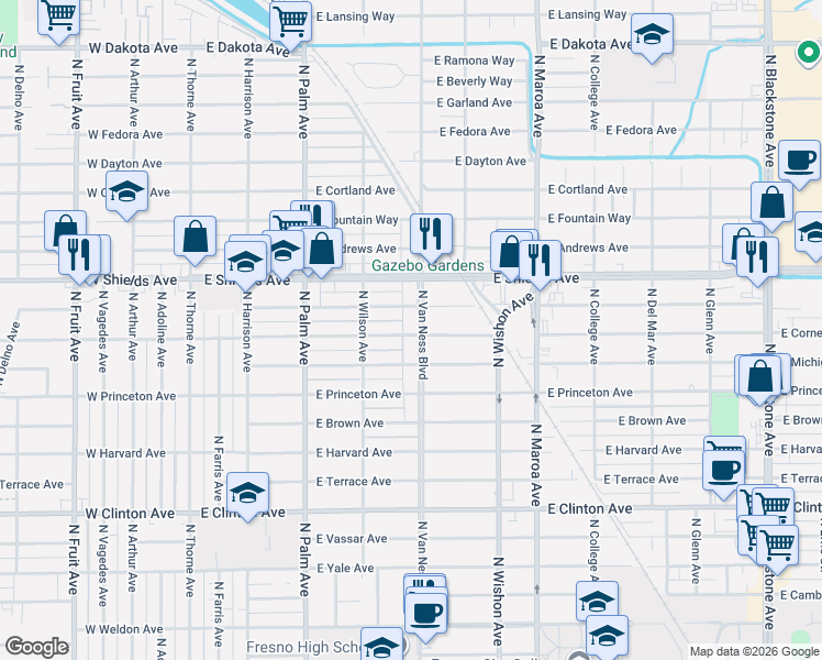 map of restaurants, bars, coffee shops, grocery stores, and more near 550 East Simpson Avenue in Fresno