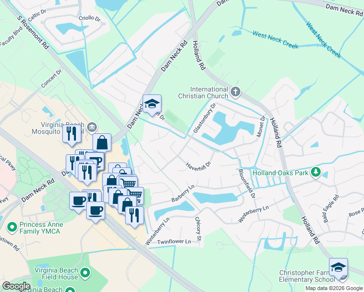 map of restaurants, bars, coffee shops, grocery stores, and more near 3177 Monet Drive in Virginia Beach