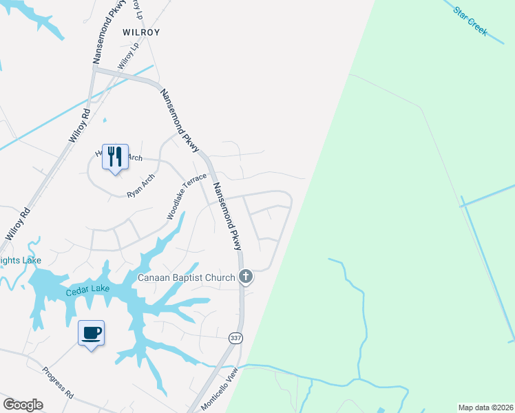 map of restaurants, bars, coffee shops, grocery stores, and more near 2460 Cherry Blossom Drive in Suffolk