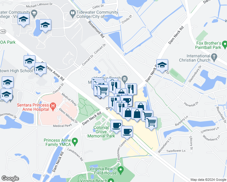 map of restaurants, bars, coffee shops, grocery stores, and more near 3425 Landstown Court in Virginia Beach
