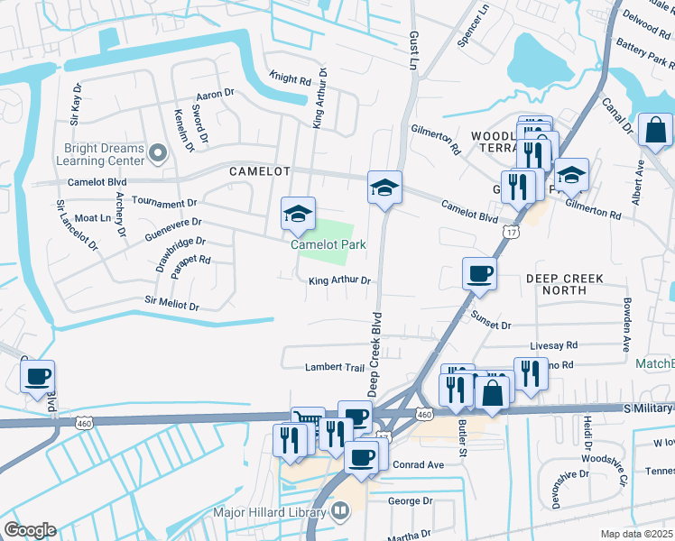 map of restaurants, bars, coffee shops, grocery stores, and more near 925 King Arthur Drive in Chesapeake