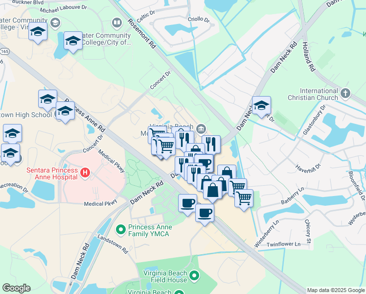 map of restaurants, bars, coffee shops, grocery stores, and more near 3425 Landstown Court in Virginia Beach