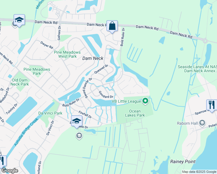 map of restaurants, bars, coffee shops, grocery stores, and more near 1709 Unicorn Drive in Virginia Beach