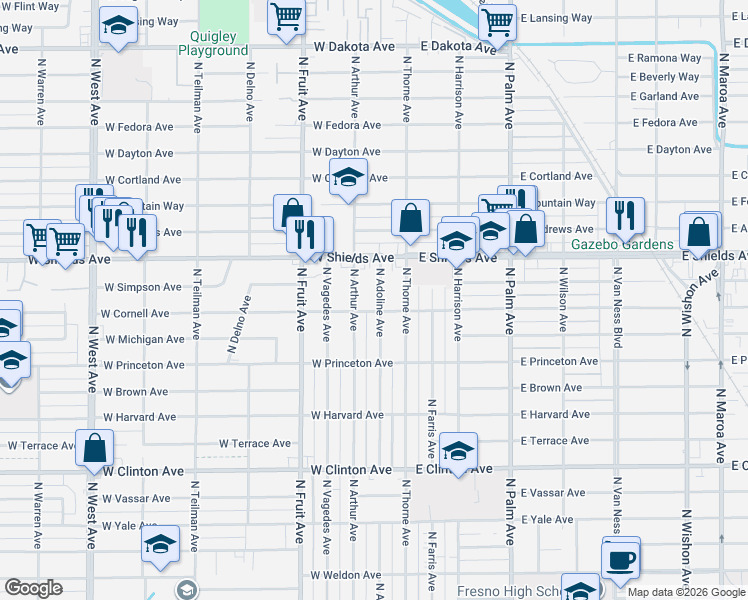 map of restaurants, bars, coffee shops, grocery stores, and more near 3102 North Adoline Avenue in Fresno