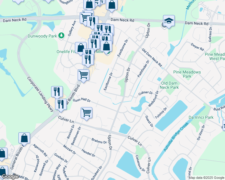 map of restaurants, bars, coffee shops, grocery stores, and more near 1200 Madras Court in Virginia Beach
